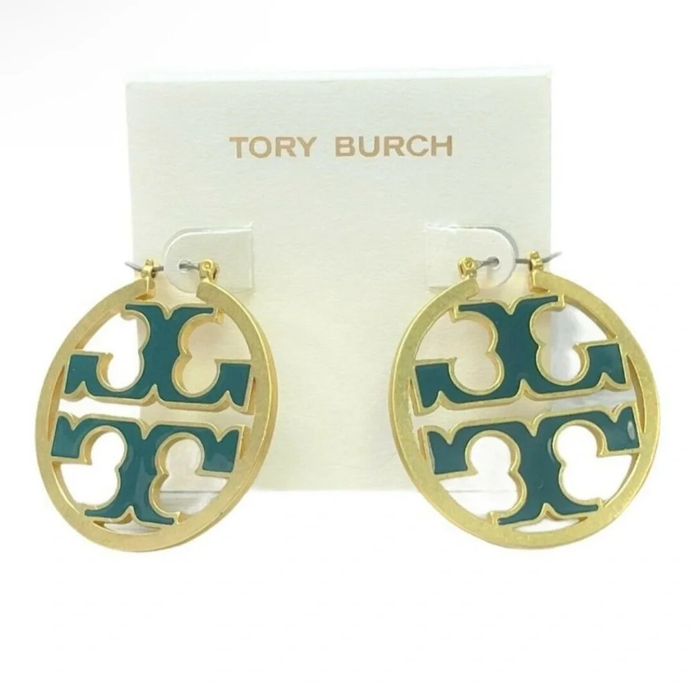 TORY BURCH Miller Equestrian Green Enamel Hoops NEW $158